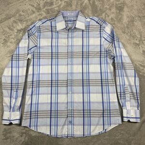 Bugatchi Uomo Shirt Men Large Blue Plaid Shaped Fit Button Up Cotton Long Sleeve
